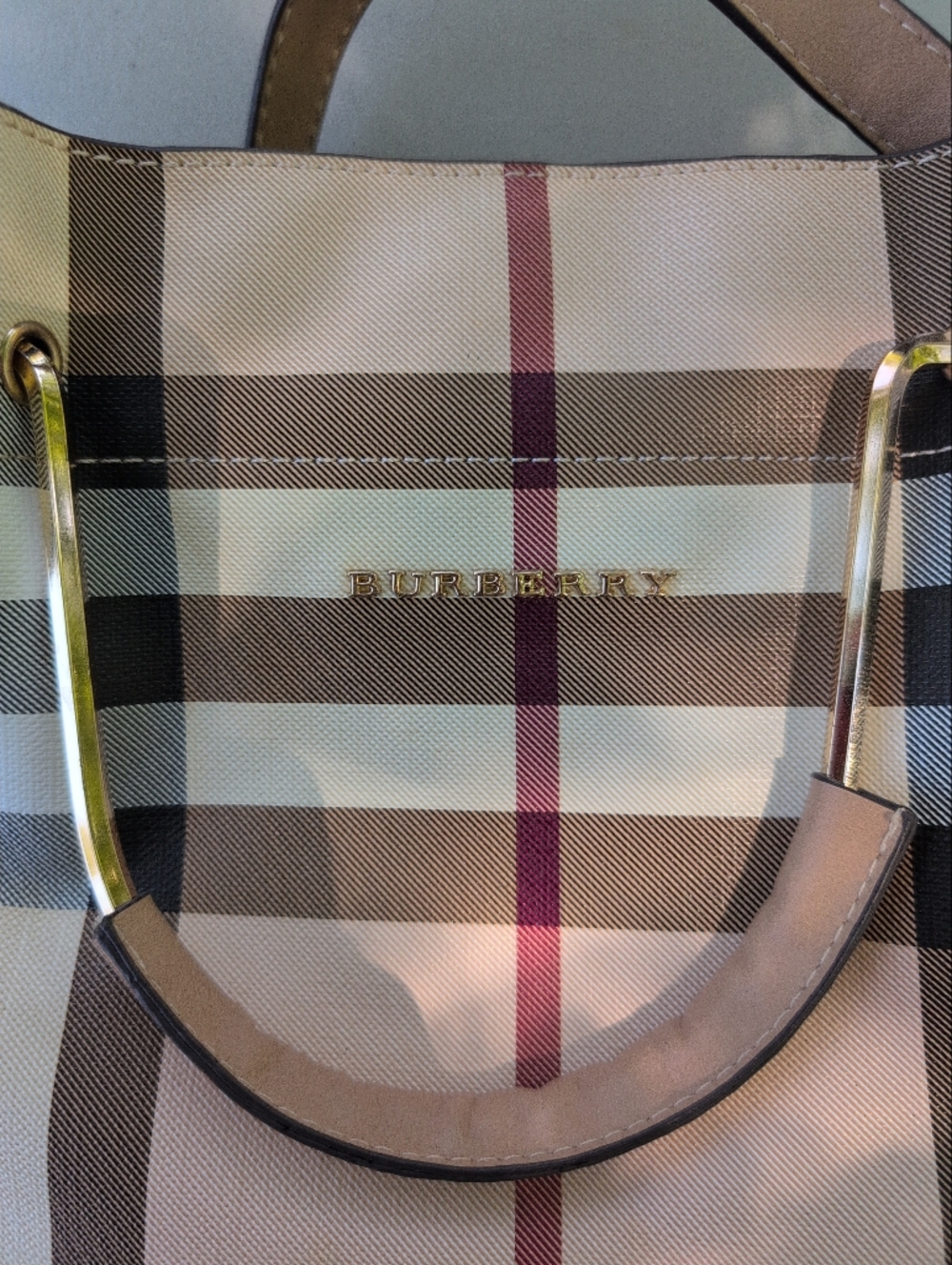 Burberry Taupe and Beige Check Small Tote with Gold Hardware - Picture 2 of 6